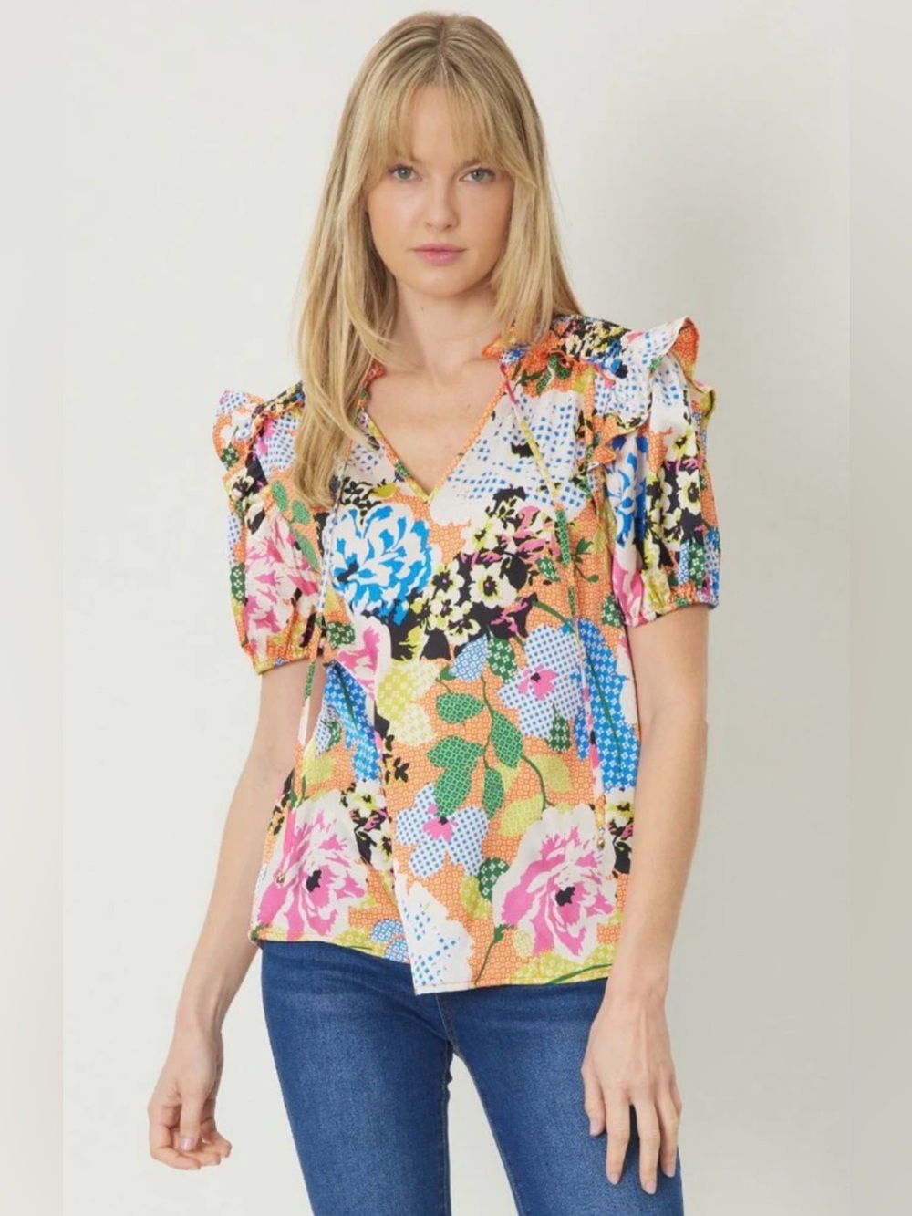 ENTRO Multicolor Floral V-Neck Puff Sleeve Blouse size M